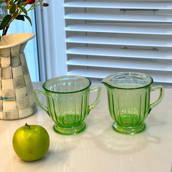 Vintage Green Uranium Glass Sugar & Creamer + Pot Holders + ? (4+ pc. Bundle) - Picture 1 of 15